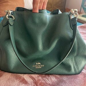 Coach Dark Green Pebbled Leather Shoulder Hobo Bag with Silver Hardware